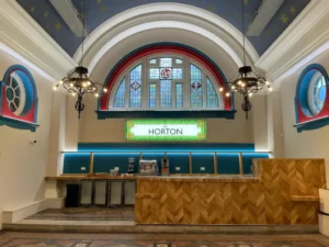 The renovated Horton Chapel Café with feature lighting and bespoke joinery.