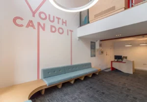 Refurbished interiors of the Grade II listed Cold Storage building in Digbeth, now used by The Prince’s Trust to provide important life skills to vulnerable young people.